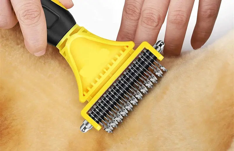 Brosse de toilettage pour animaux de compagnie, en acier inoxydable, double face, perte et démêlage, sous-manteau, râteau, peigne pour chien et chat, élimine les nœuds emmêles facilement Joie de chien