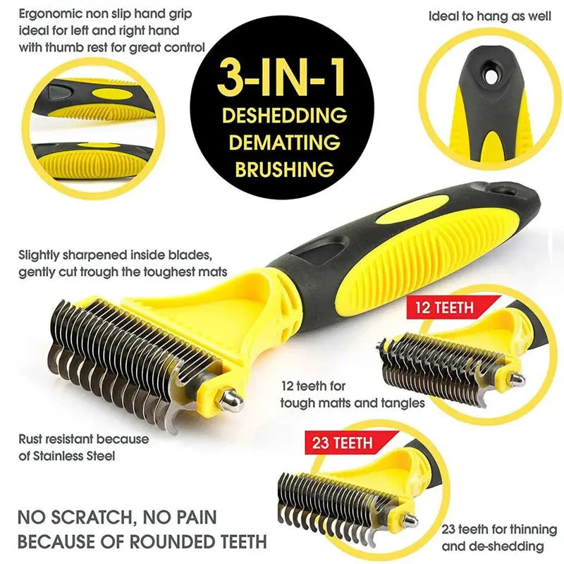 Brosse de toilettage pour animaux de compagnie, en acier inoxydable, double face, perte et démêlage, sous-manteau, râteau, peigne pour chien et chat, élimine les nœuds emmêles facilement Joie de chien