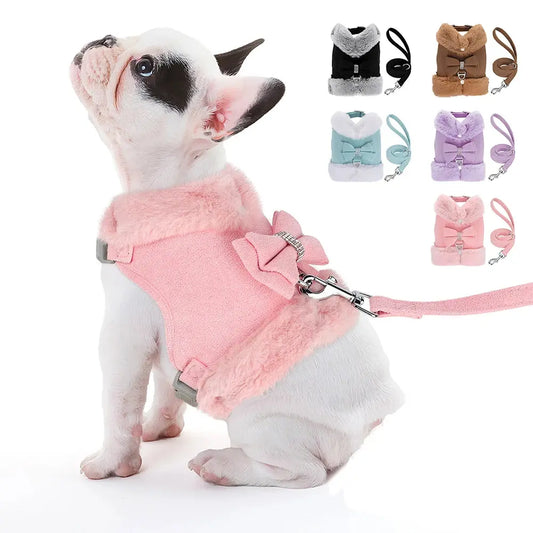 Ensemble SFP et laisse pour chien avec nœud papillon, vêtements en fourrure pour animaux de compagnie, glaçure pour chiot, vêtements pour petits chiens, bouledogue français, chaud, hiver, mignon Joie de chien