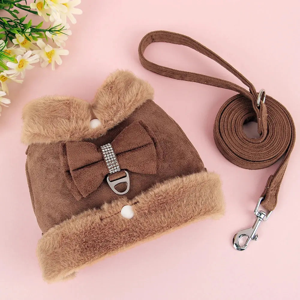 Ensemble SFP et laisse pour chien avec nœud papillon, vêtements en fourrure pour animaux de compagnie, glaçure pour chiot, vêtements pour petits chiens, bouledogue français, chaud, hiver, mignon Joie de chien
